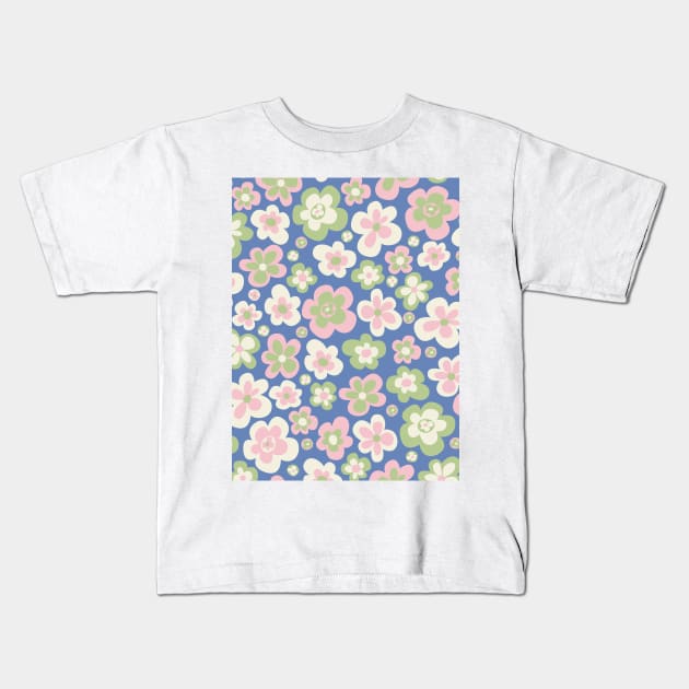 retro florals pattern, 70s groovy flowers, flower market, scandinavian florals, baby pink, baby blue, danish style Kids T-Shirt by blomastudios